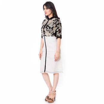 Off White And Black Gerogette Embroidered Stitched Kurti 2