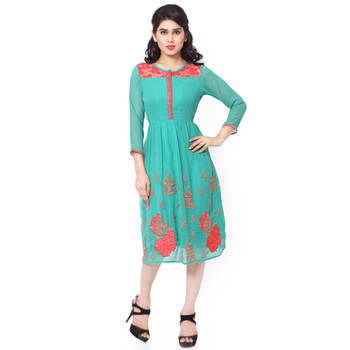 Green gerogette embroidered stitched kurti 1
