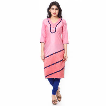 Pink Mix Cotton Plain Stitched Kurti 1