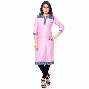 Pink Mix Cotton Plain Stitched Kurti 1
