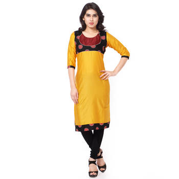 Yellow Mix Cotton Plain Stitched Kurti 1