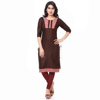 Brown Mix Cotton Plain Stitched Kurti 1