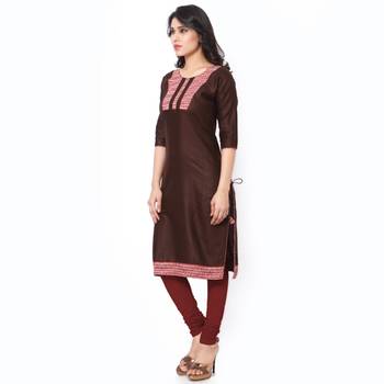 Brown Mix Cotton Plain Stitched Kurti 2
