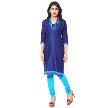 Blue Mix Cotton Plain Stitched Kurti 1