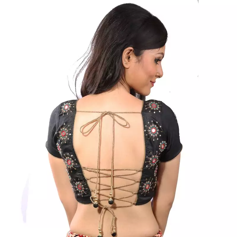 Black mirrorwork dupion silk stitched blouse