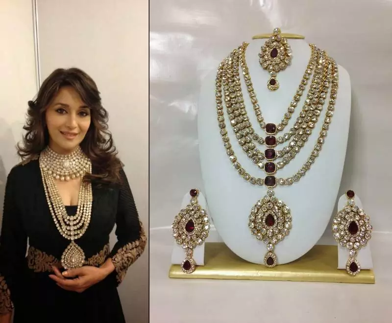 Famous Bollywood Replica Jewelry Set in Maroon with Pearls