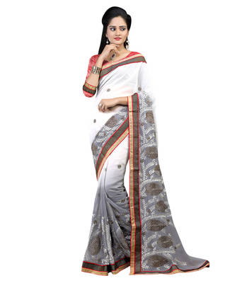 White embroidered chiffon saree With Blouse 1
