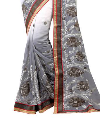 White embroidered chiffon saree With Blouse 3