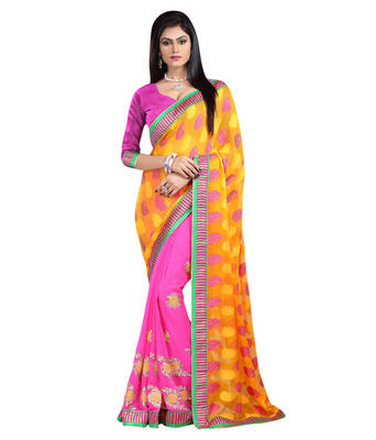 Yellow embroidered Jacquard saree With Blouse 1