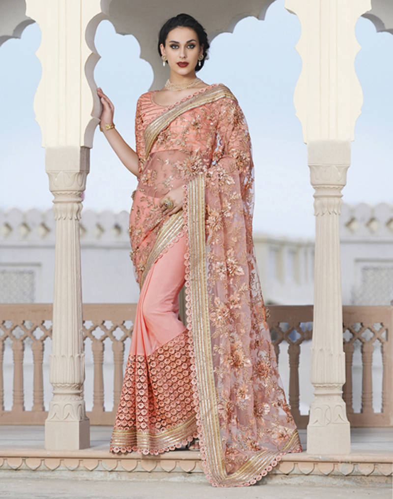 baby pink embroidered net saree With Blouse