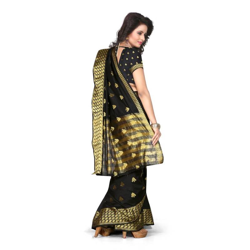 black embroidered cotton silk saree With Blouse