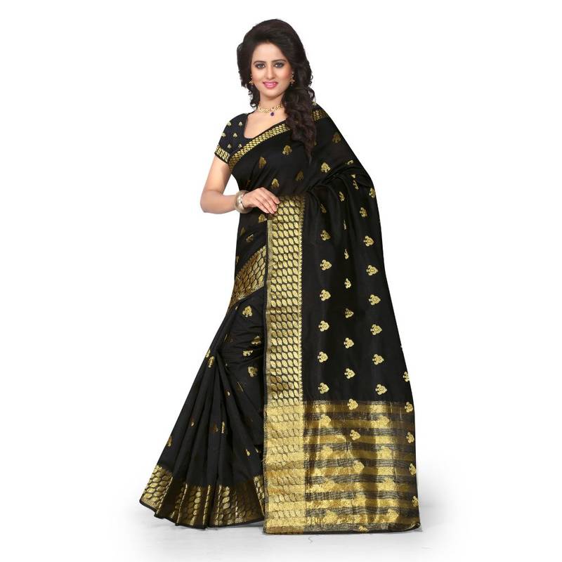 black embroidered cotton silk saree With Blouse