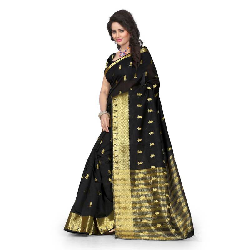 black embroidered cotton silk saree With Blouse