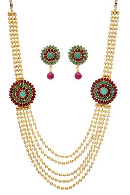 Antique Golden Red N Green Pearls Side Locket Necklace Set 1