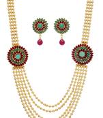 Antique Golden Red N Green Pearls Side Locket Necklace Set