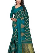 rama green printed cotton silk saree With Blouse