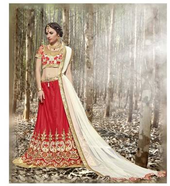 Red Embroidered Net Unstitched Lehenga Choli 1