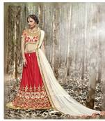 Red Embroidered Net Unstitched Lehenga Choli