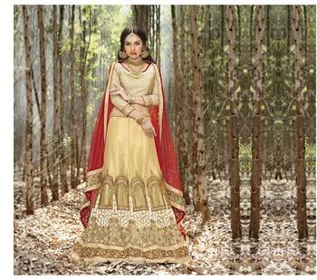 Beige Embroidered Net Unstitched Lehenga Choli 1