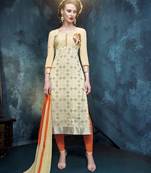 Beige georgette embroidered unstitched salwar with dupatta