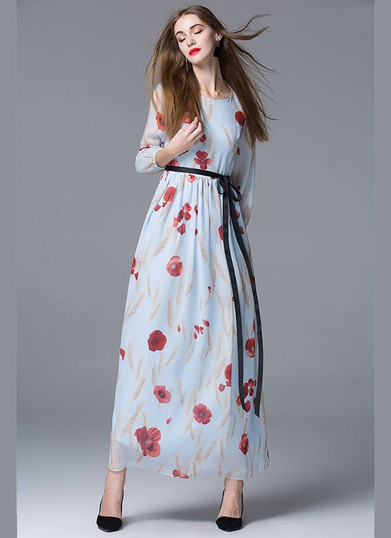 Sky blue  and  red georgette   embroidered stitched kurti