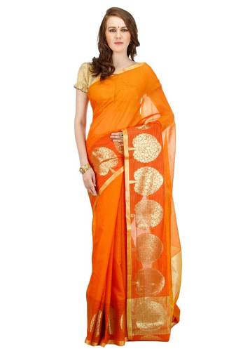 orange embroidered cotton saree With Blouse
