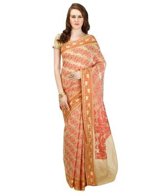 Beige Embroidered Cotton Saree With Blouse 1