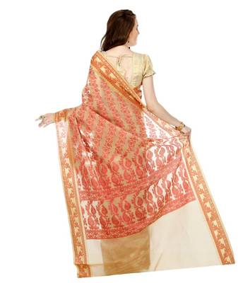 Beige Embroidered Cotton Saree With Blouse 3