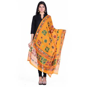 Yellow cotton embroidered dupatta 1