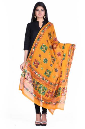 Yellow cotton embroidered dupatta