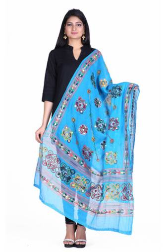 Blue cotton embroidered dupatta