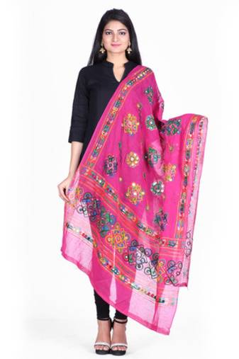 Pink cotton embroidered dupatta