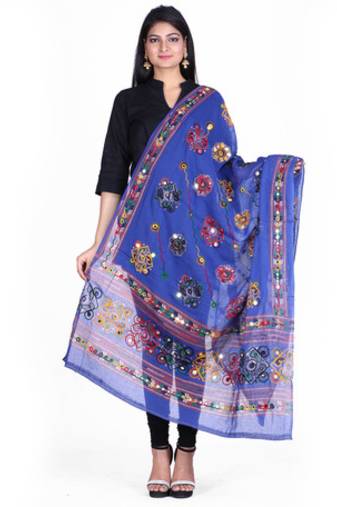 Blue cotton embroidered dupatta