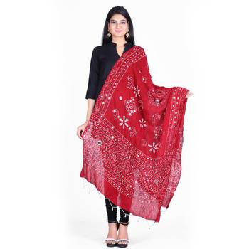 Red cotton embellished bandhej dupatta 1