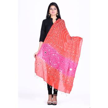 Orange cotton embellished bandhej dupatta 1