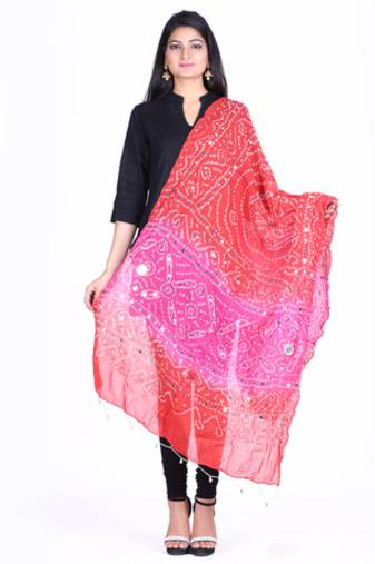 Red cotton embellished bandhej dupatta