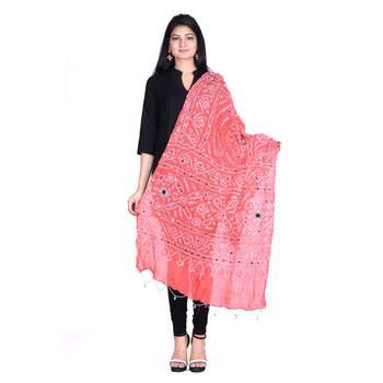 Orange cotton embellished bandhej dupatta 1