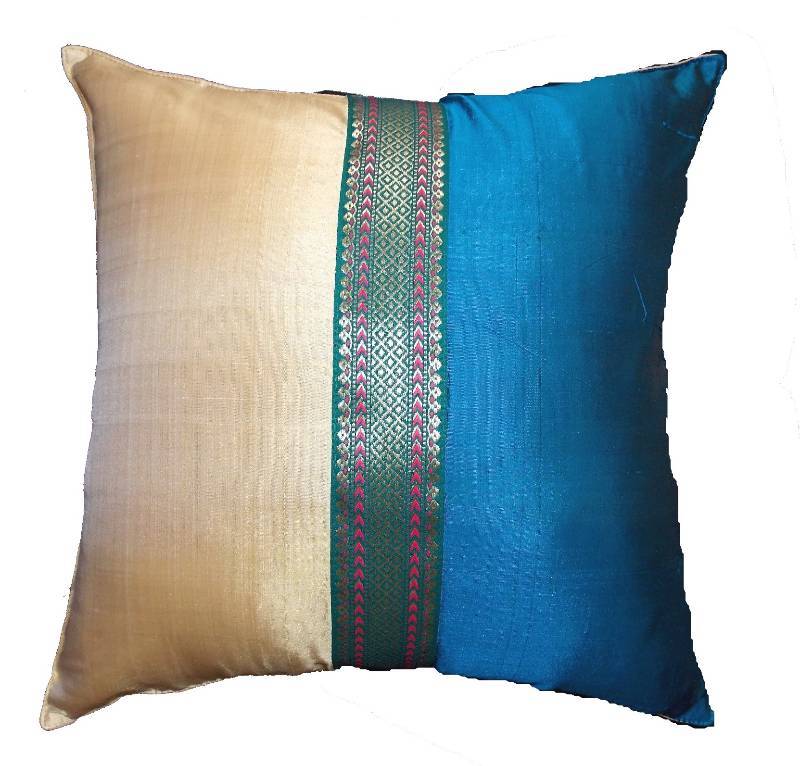 Mulberry Silk Cushions with applique patterns - Peacock Blue & Beige