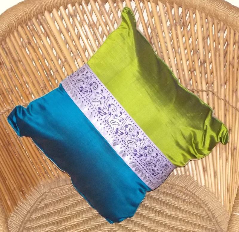 Mulberry Silk Cushions with applique patterns - Peacock Green & Blue