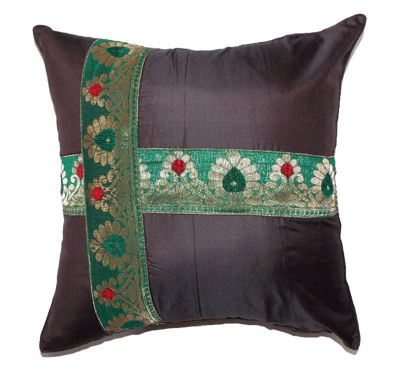 Mulberry Silk Cushions with applique patterns - Dark Brown