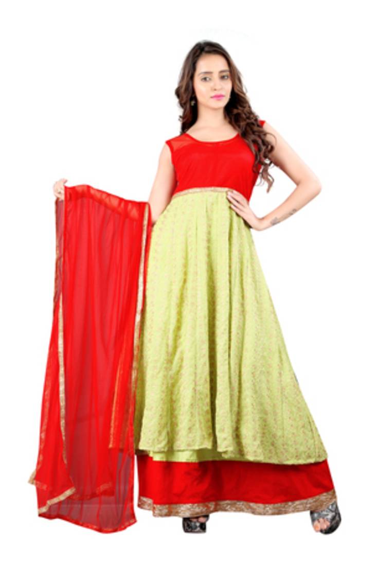 Green and Red Faux Georgette Chicken Embroidery Designer Anarkali