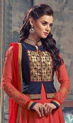 Red georgette embroidered semi stitched salwar with dupatta 3