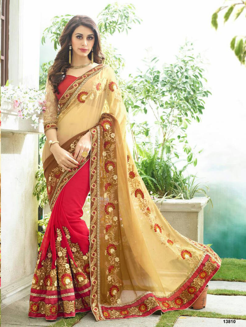 Golden embroidered georgette saree With Blouse