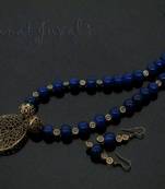 Blue Golden leaf necklace with earrings
