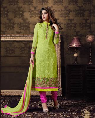 Green georgette embroidered semi stitched salwar with dupatta 1