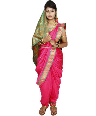 Pink Plain Art Silk Chanderi Nauvari Saree 1