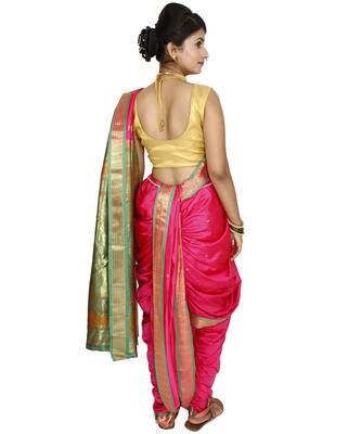 Pink Plain Art Silk Chanderi Nauvari Saree 3