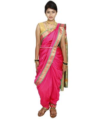 Pink Plain Art Silk Chanderi Nauvari Saree 4