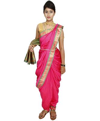 Pink Plain Art Silk Chanderi Nauvari Saree 5
