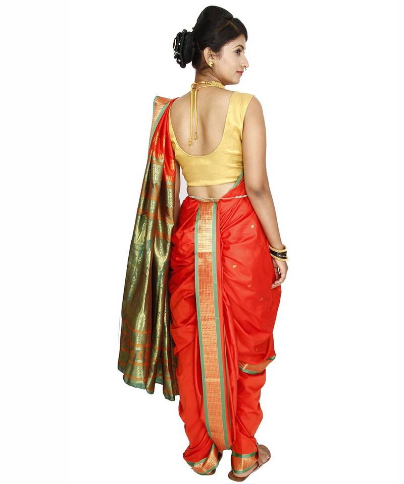 Orange Plain Art Silk Chanderi Nauvari Saree KALAPURI 1311493